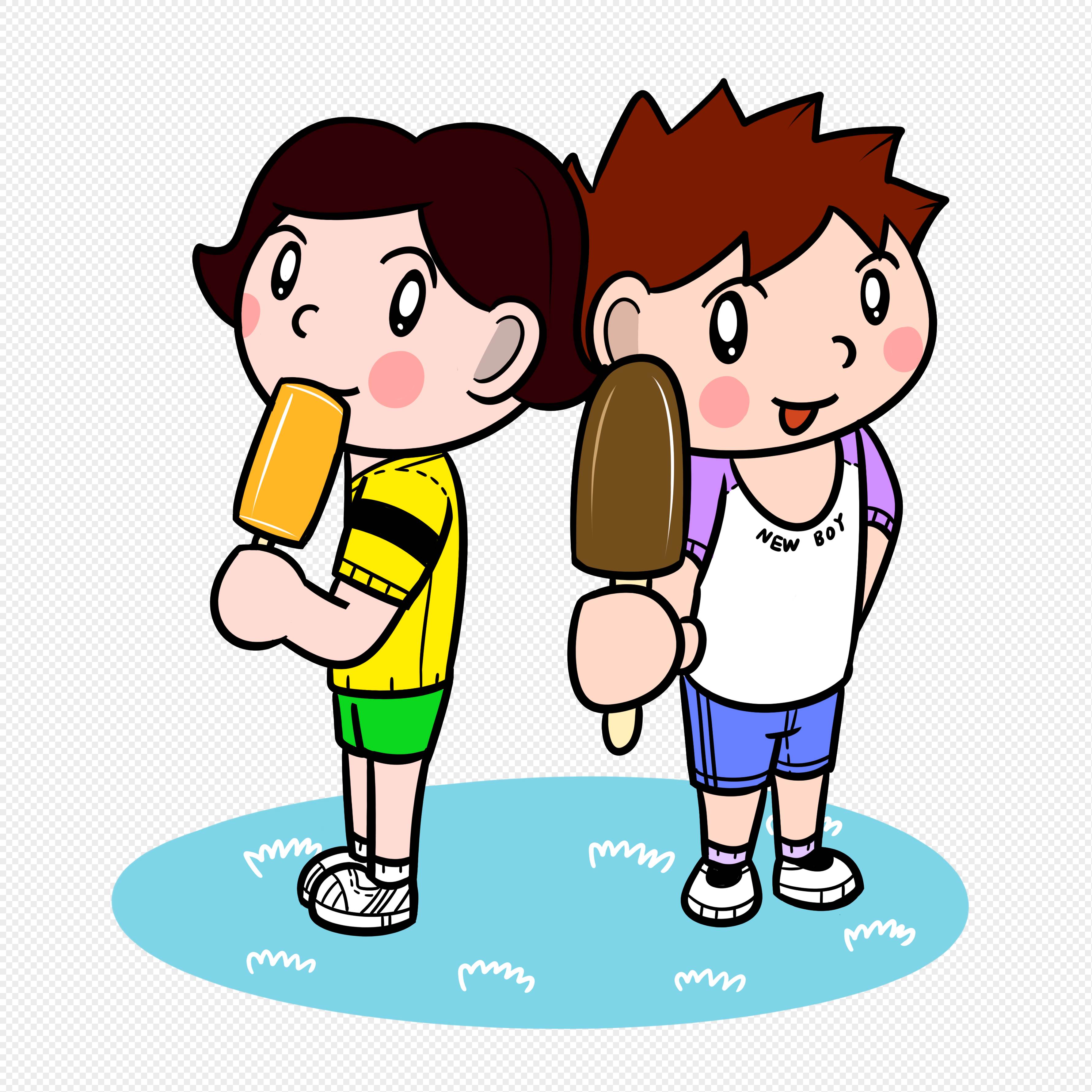 可爱的孩子吃着棒棒冰淇淋，男孩站着享受和吃着冰棒插画图片素材_ID:417756205-Veer图库